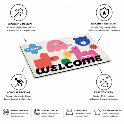 Welcome Mat Playful Illustrated Weather-Resistant & Non-Slip Backing