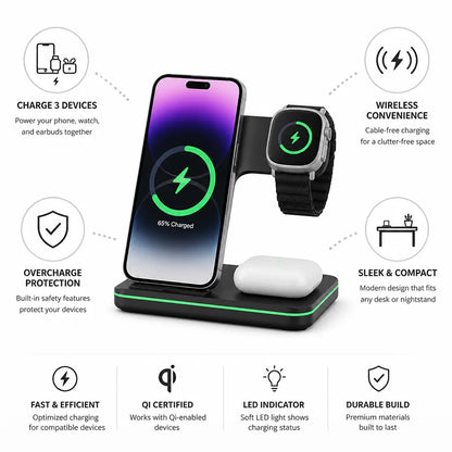 Wireless Charging Station 3-in-1 Phone Watch & Earbuds
