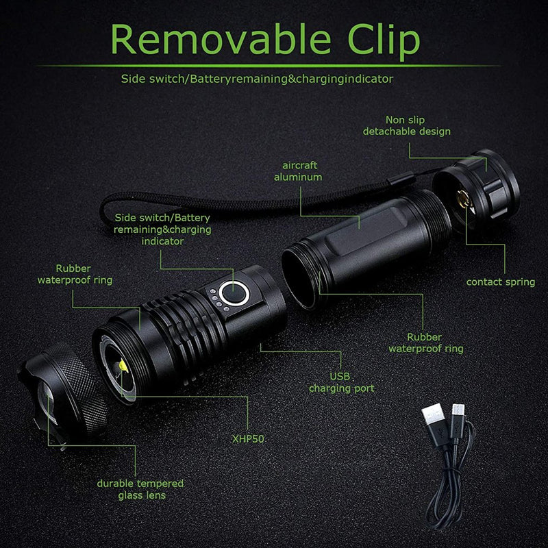 High-Power Rechargeable Flashlight with Adjustable Beam and 550m Range
