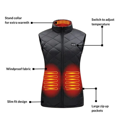USB Heated Vest for Women - 9 Heating Zones, 3 Heat Levels, Black or Blue