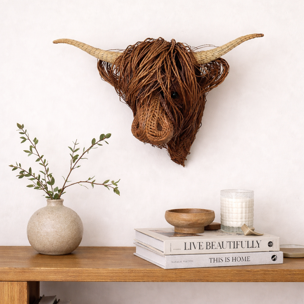 Highland Cow Wall Decor featuring Curved Horns and Textured Weaving