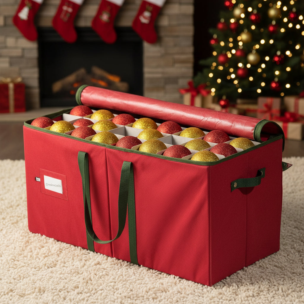 Storage Box for Christmas Ornaments with Adjustable Compartments