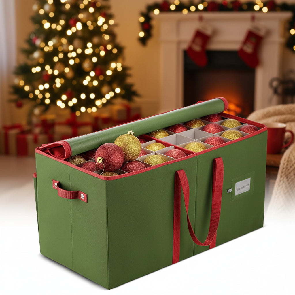 Storage Box for Christmas Ornaments with Adjustable Compartments