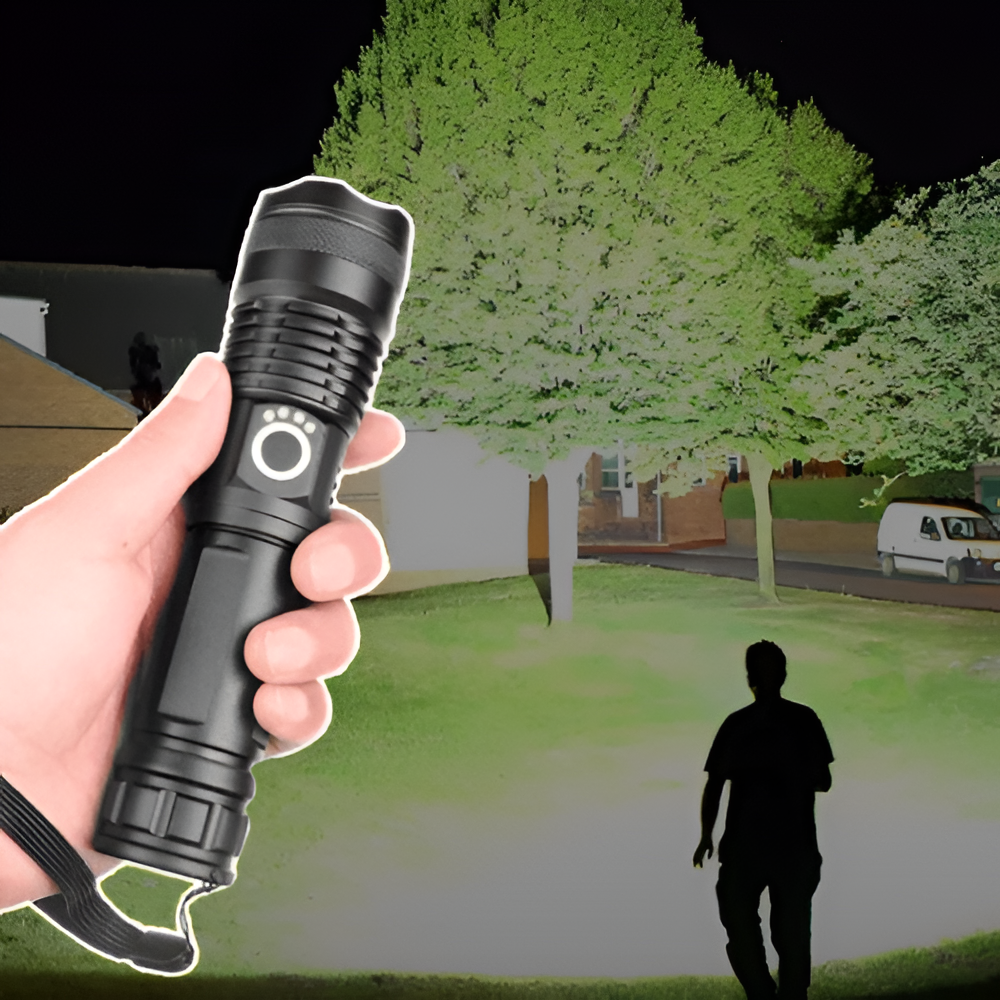 Water-Resistant Rechargeable Torch with 90,000 Lumens and Zoom Feature