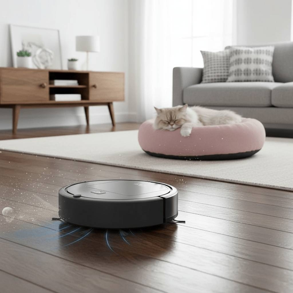 Quiet Robot Vacuum with Fine Particle Filter for Hard Surface Cleaning