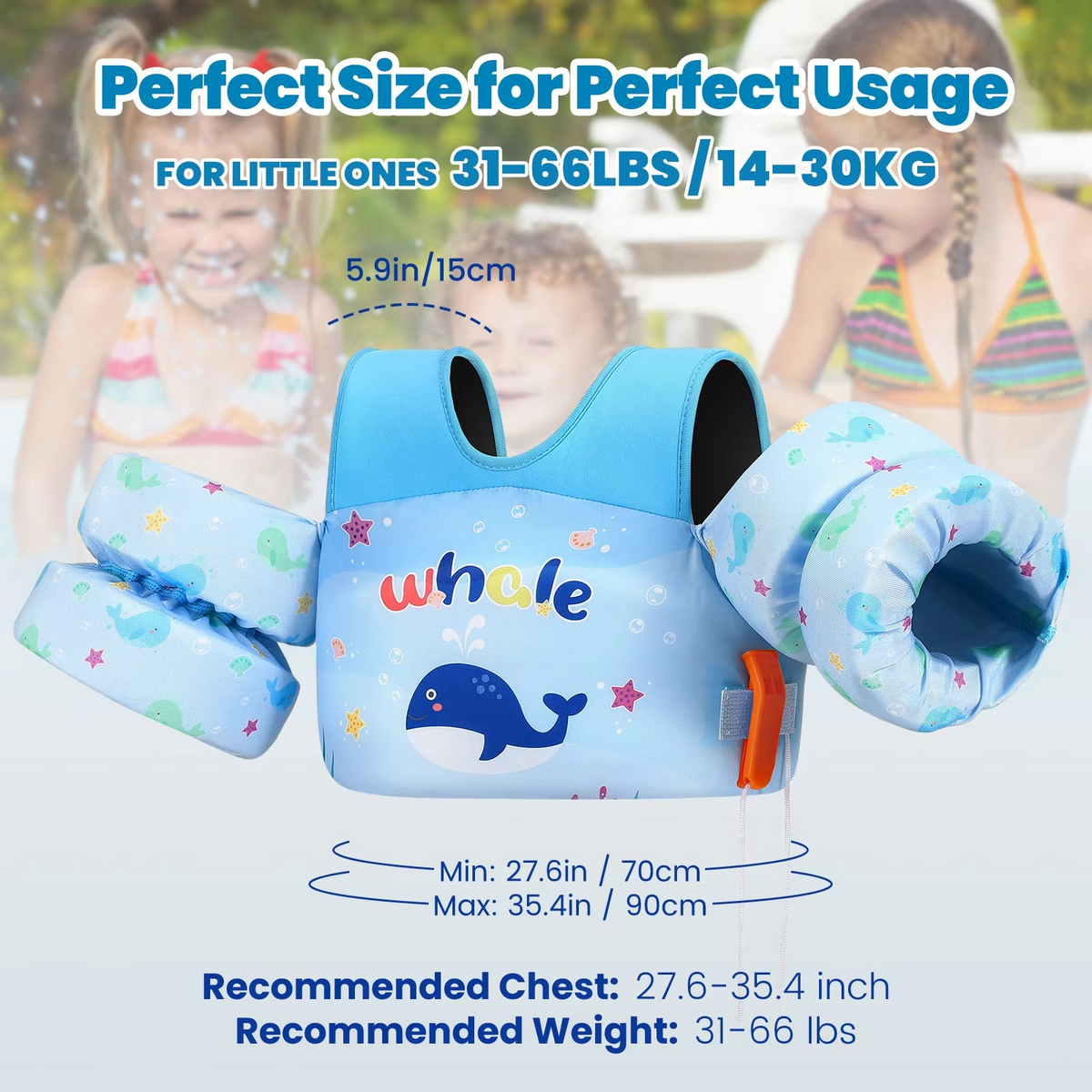 Children's Foam Life Jacket with Arm Floaties & Safety Whistle for Swimming