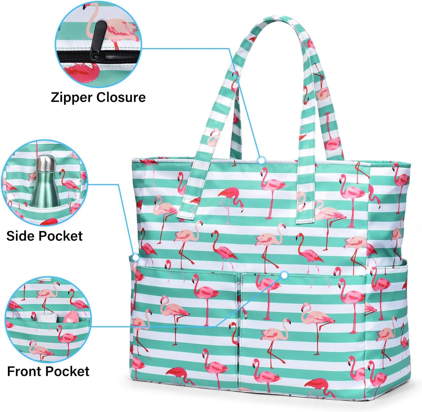Spacious Waterproof Tote for Beach with Zipper and Pockets - Family Friendly