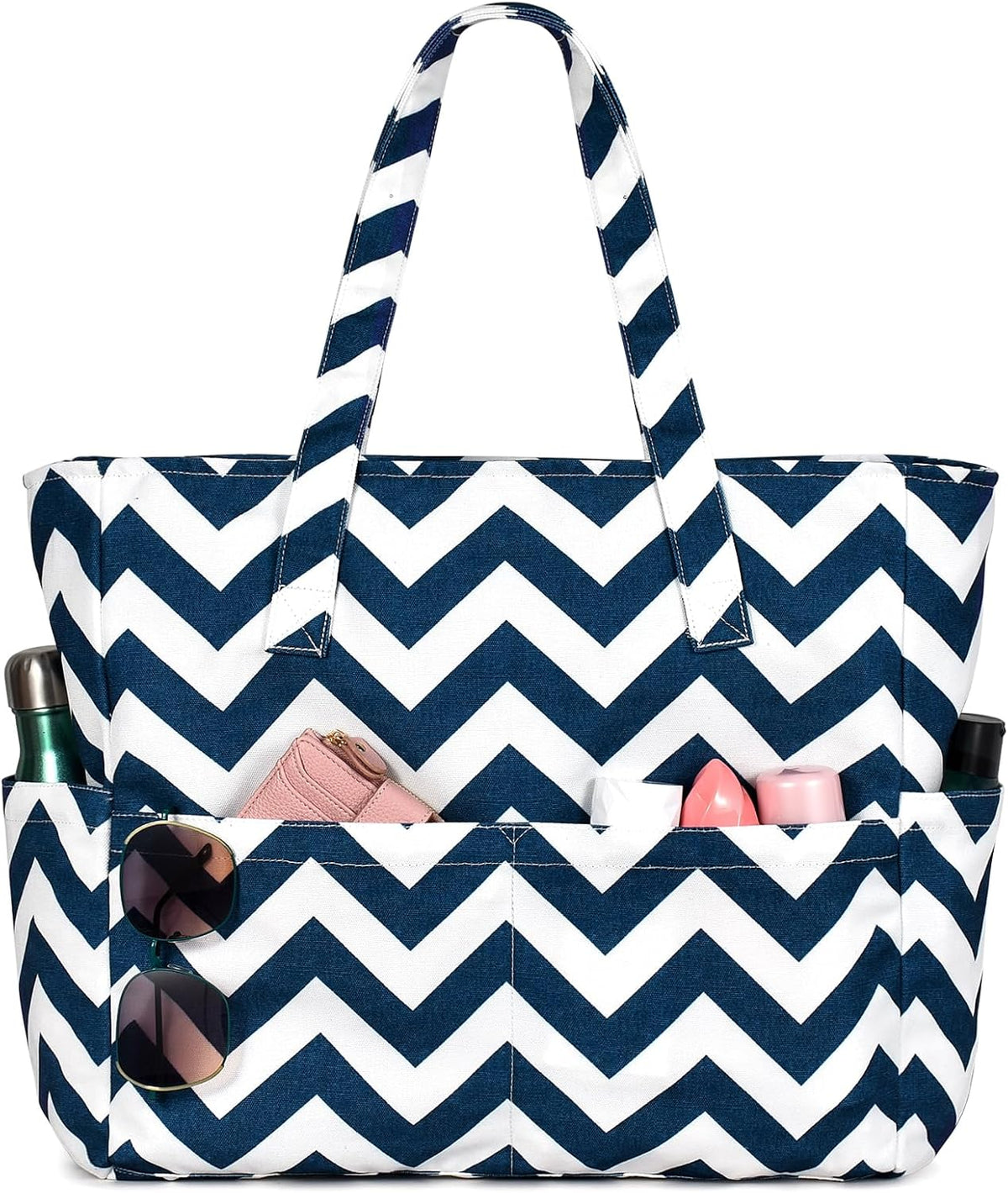 Spacious Waterproof Tote for Beach with Zipper and Pockets - Family Friendly