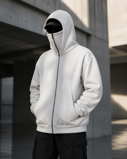 Knit Polyester Ski Mask Sweatshirt with Double Hood, Neck Gaiter, Pockets - Unisex Full Zip Balaclava Hoodie for Winter