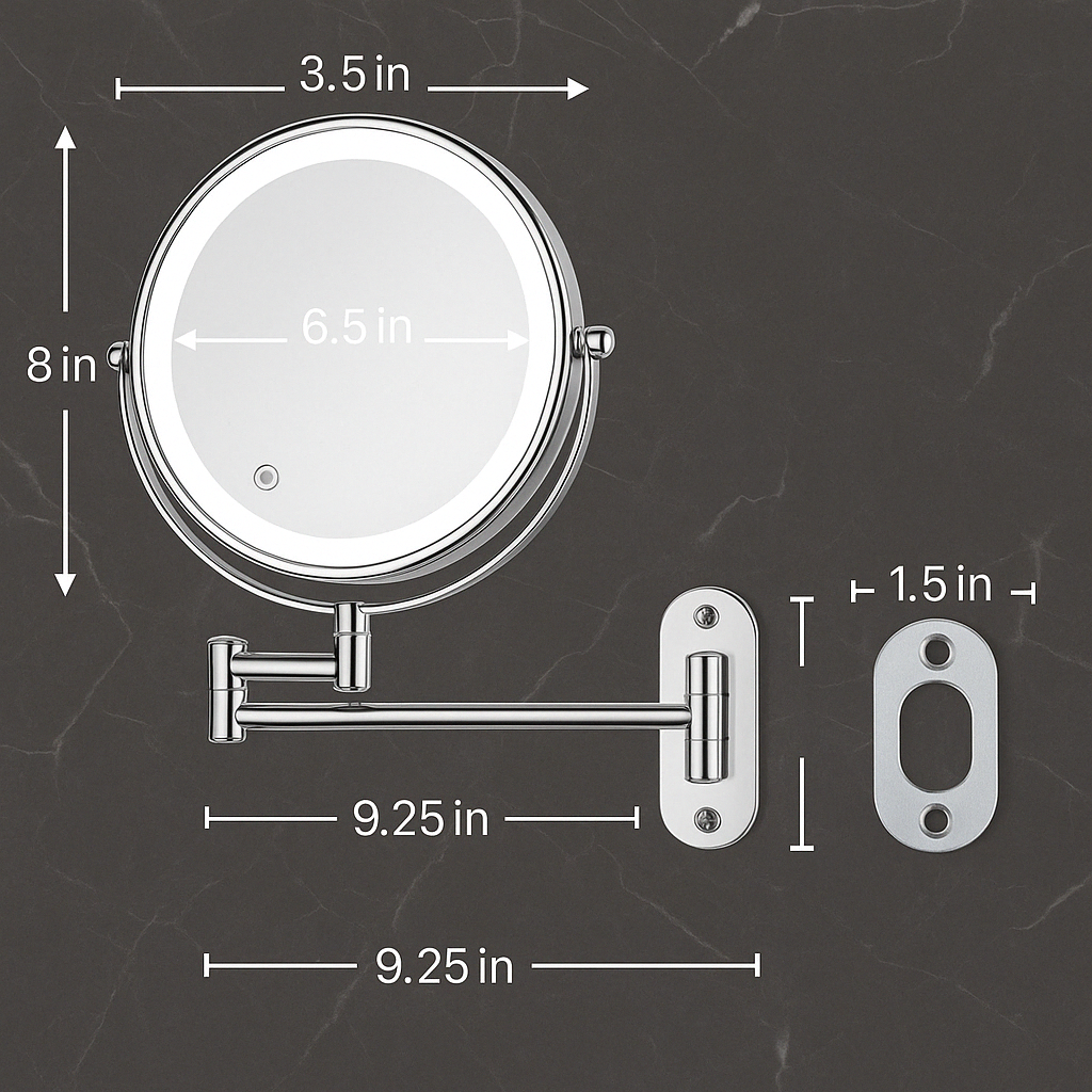 Adjustable Brightness Makeup Mirror with Double Magnification and Light