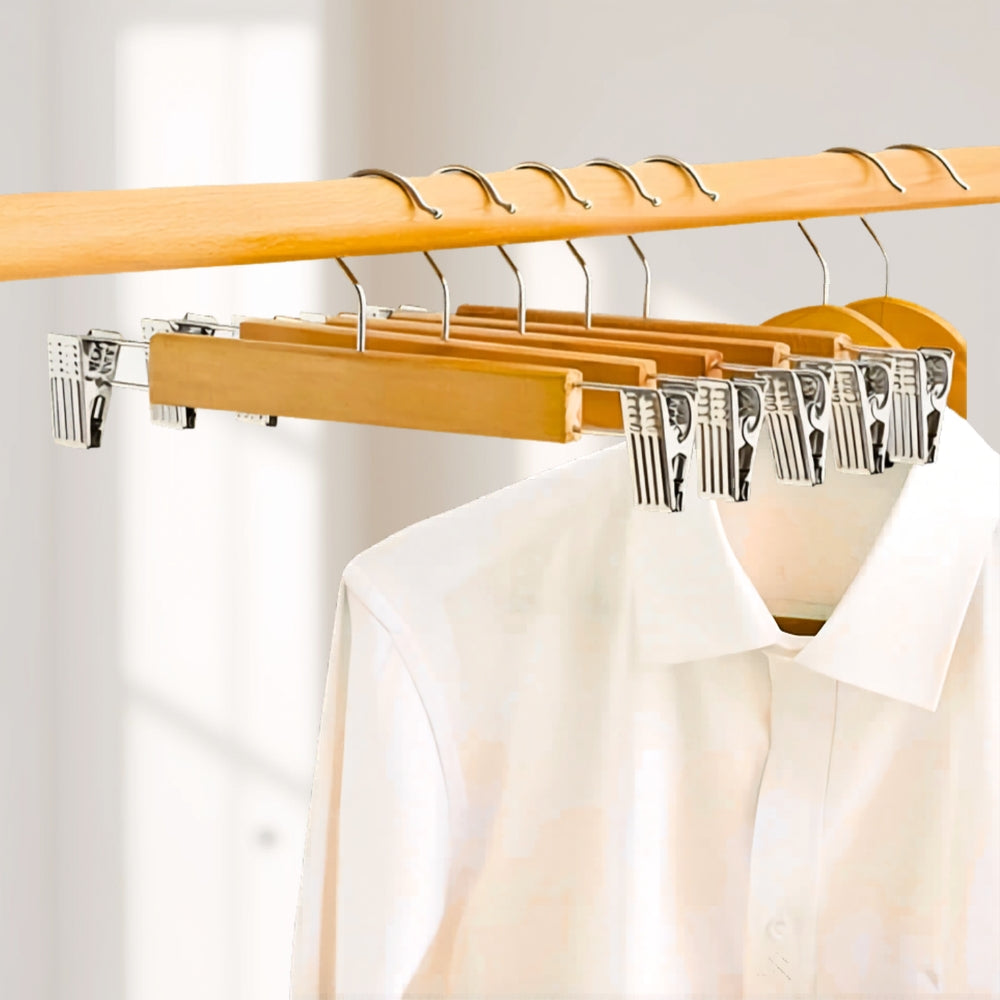 Wooden Pant Hangers with Sturdy Clips – 10-Pack for Organized Closet