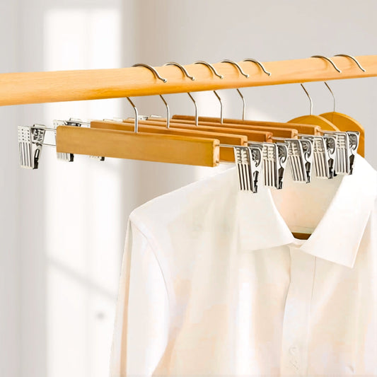 Wooden Pant Hangers with Sturdy Clips – 10-Pack for Organized Closet
