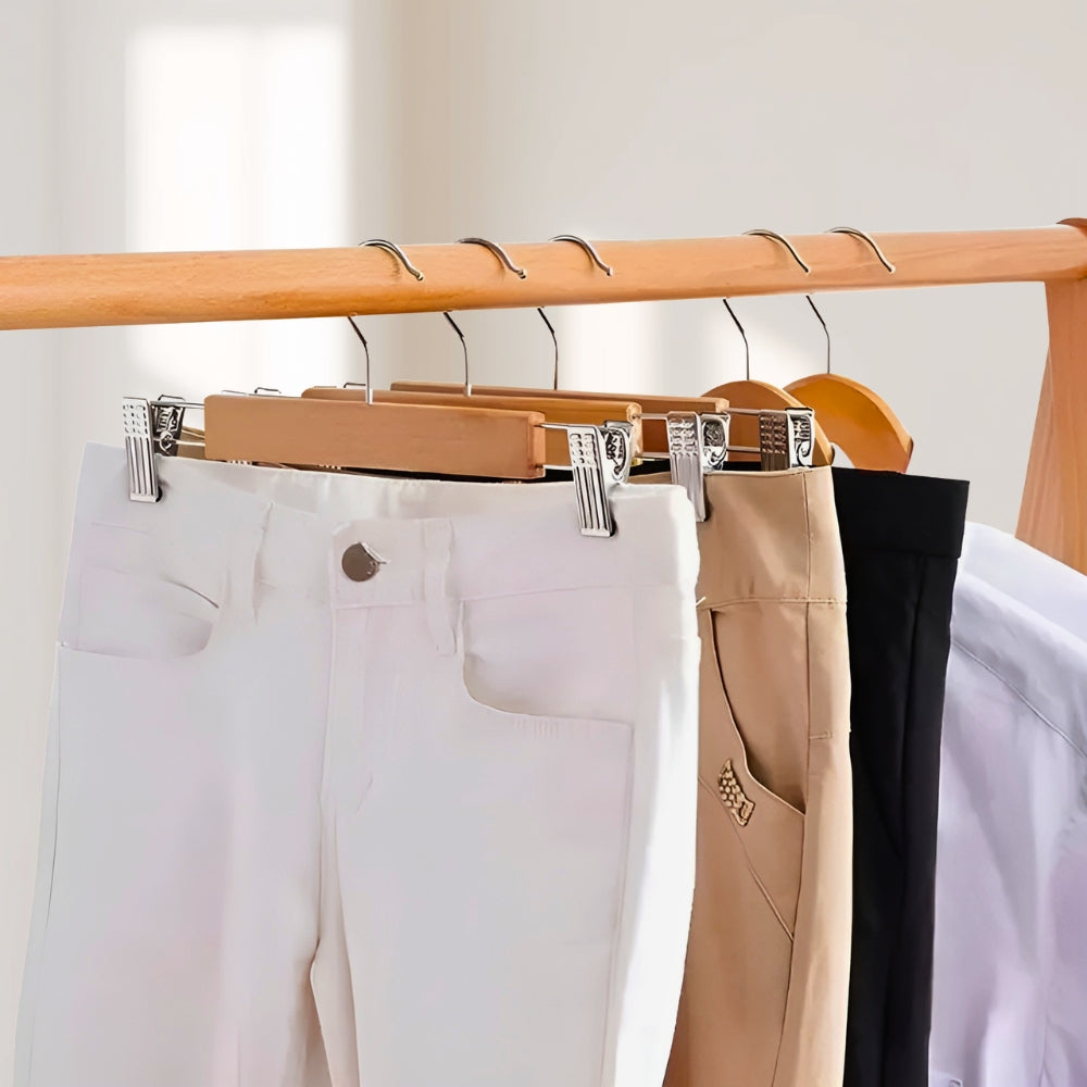 Wooden Pant Hangers with Sturdy Clips – 10-Pack for Organized Closet