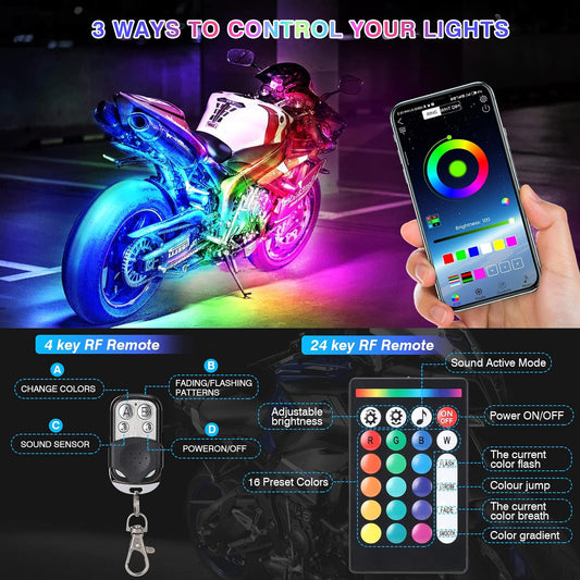 12-Piece Waterproof RGB LED Light Strip Kit for Motorcycles with Brake and Turn Signals