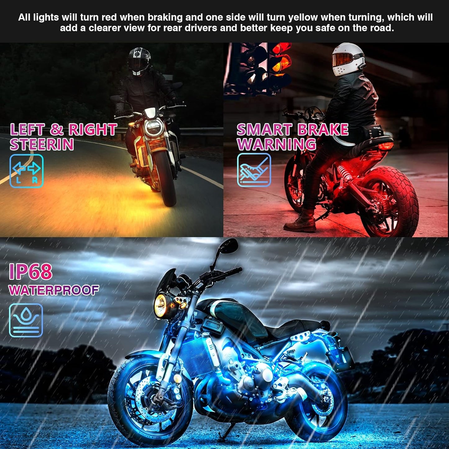 12-Piece Waterproof RGB LED Light Strip Kit for Motorcycles with Brake and Turn Signals