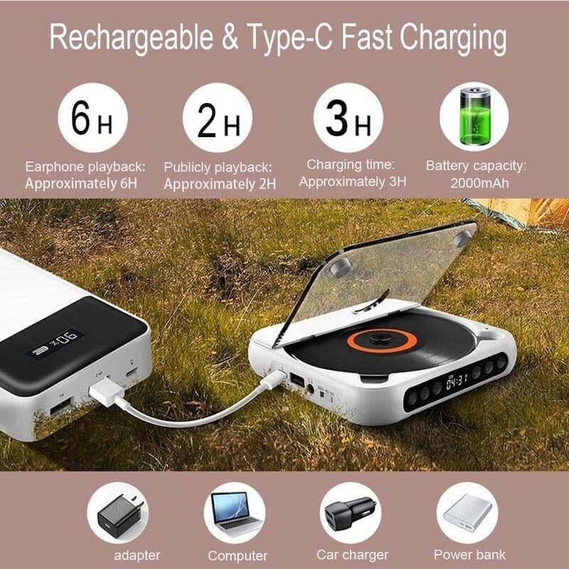 Portable Bluetooth CD Player with Extended Battery Life – Compact Design for Travel