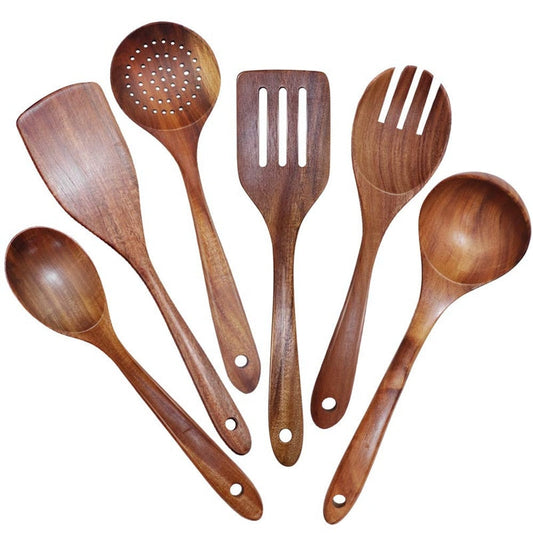 8-Piece Essential Cooking Utensil Set in Natural Teak Wood