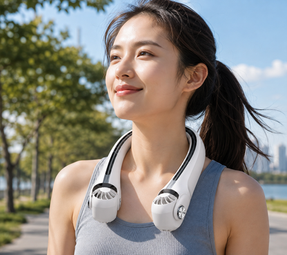 Hands-Free Bladeless Neck Fan – Rechargeable Cooling Device for Travel
