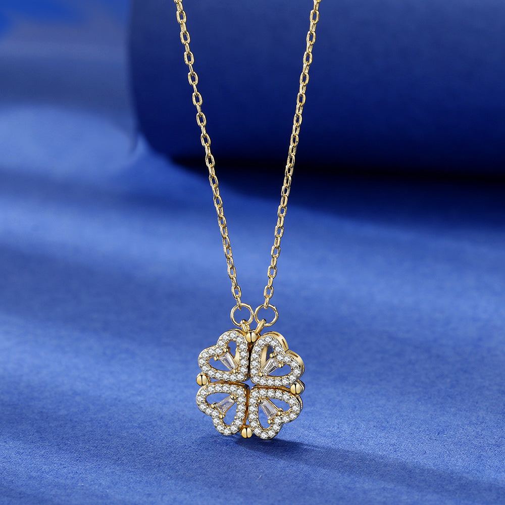 Clover Heart Pendant Necklace with Everlasting Roses & Gift Box