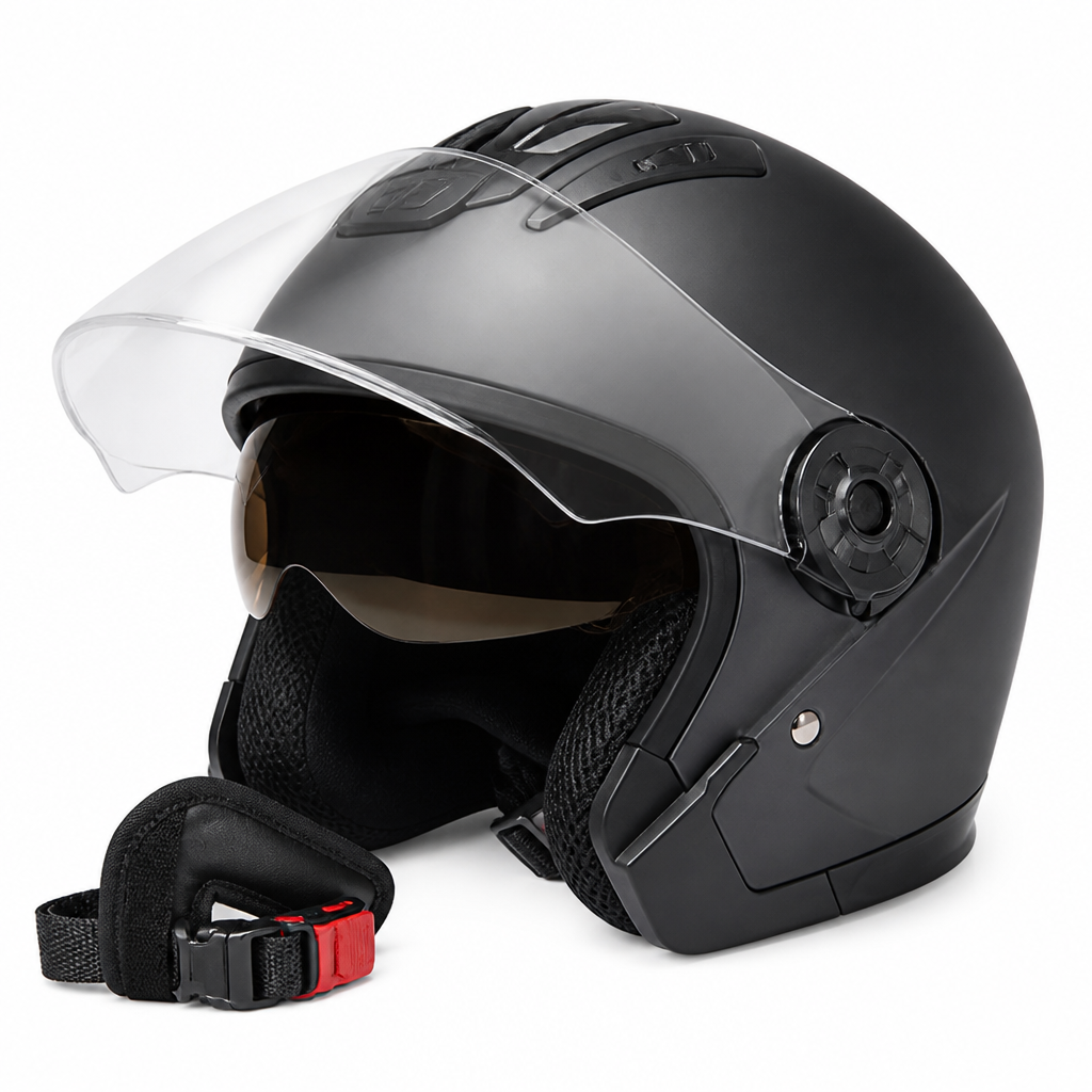 Lightweight Open-Face Motorcycle Helmet with Dual Visors for Safety and Comfort