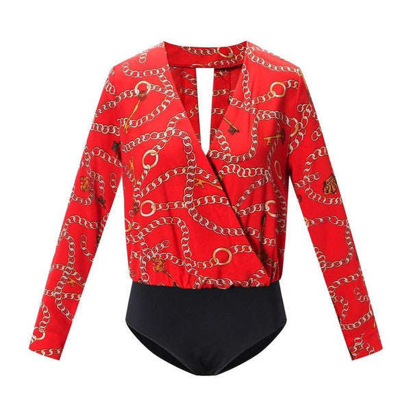 Women’s Long Sleeve Bodysuit in Red, Black, and Beige – Sizes S to XL