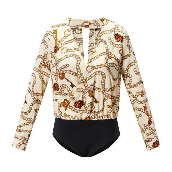 Women’s Long Sleeve Bodysuit in Red, Black, and Beige – Sizes S to XL