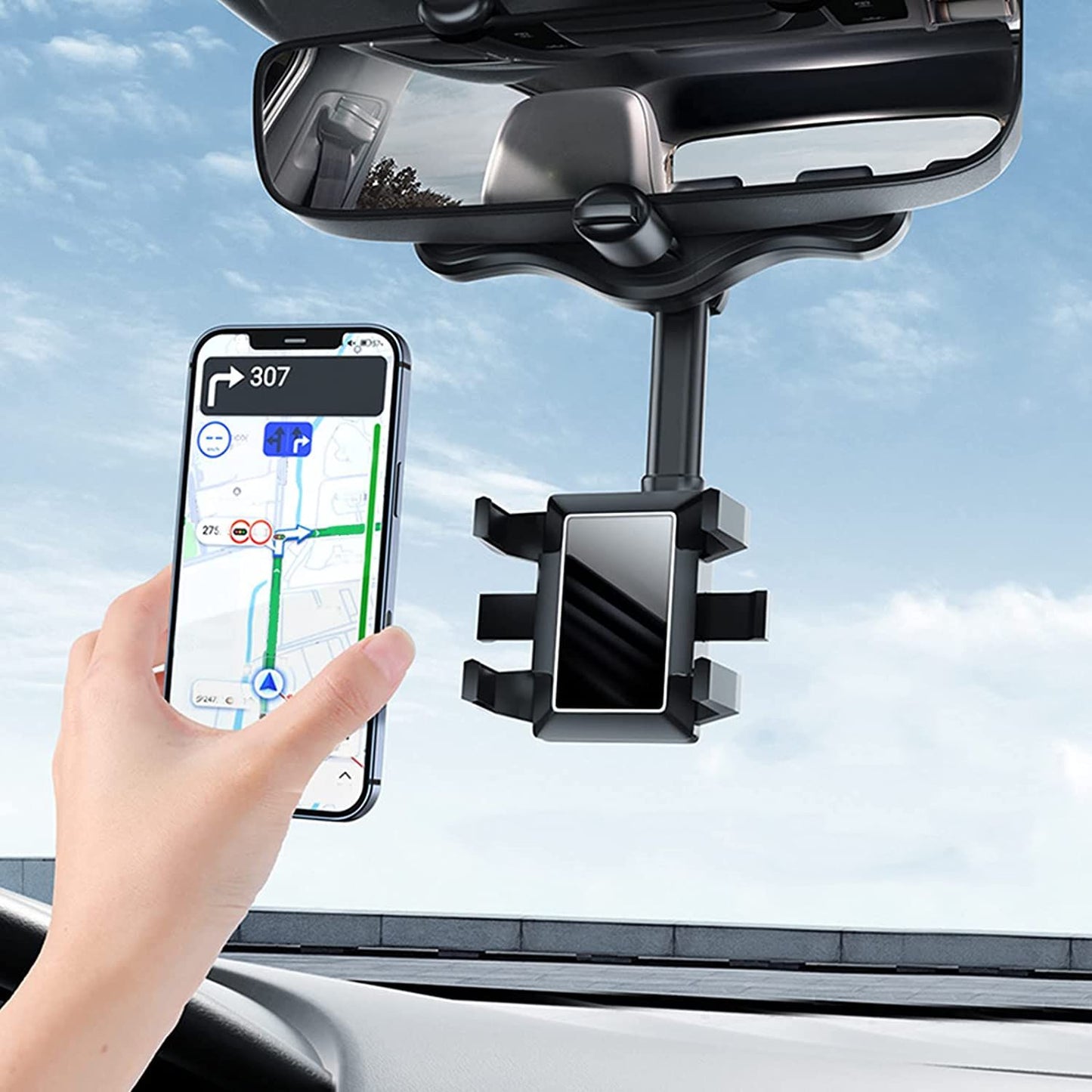 360-Degree Rotating Car Rearview Mirror Phone Mount with Retractable Arm