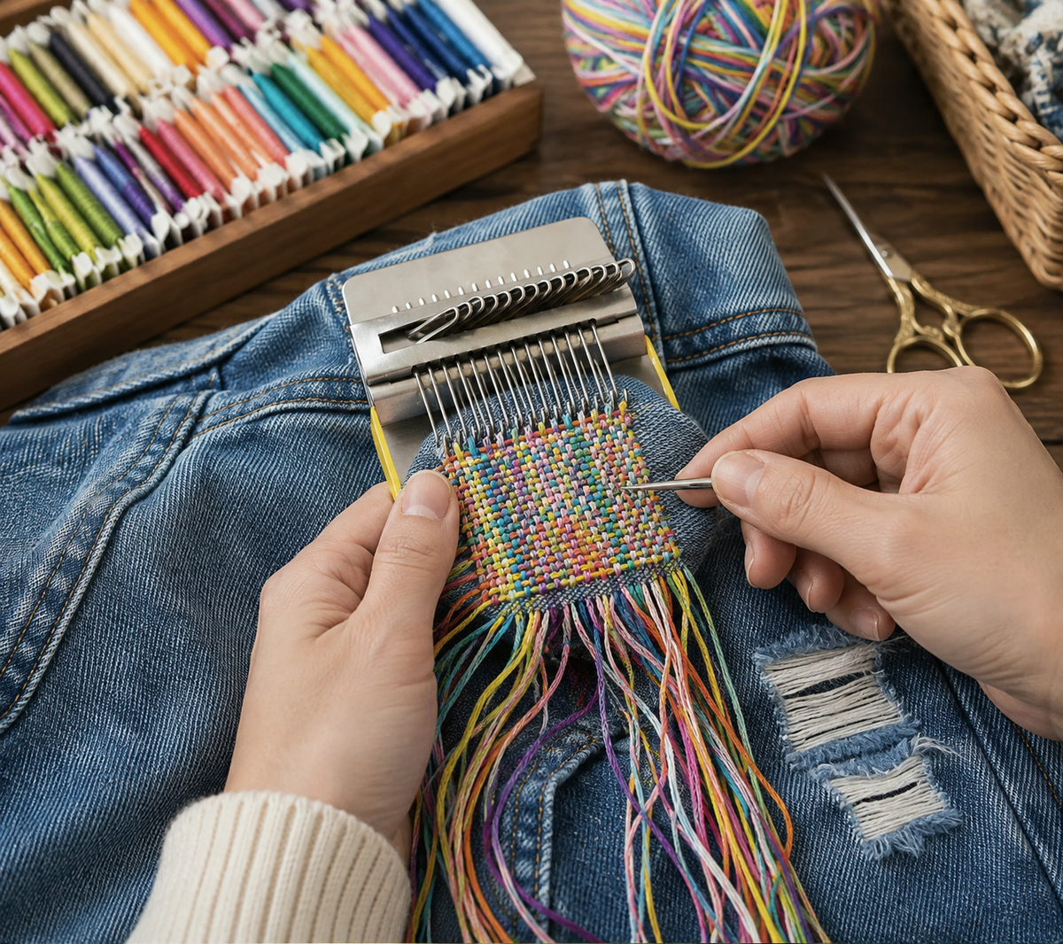 Portable Darning Loom Kit with Weaving Tools for Patchwork and Mending