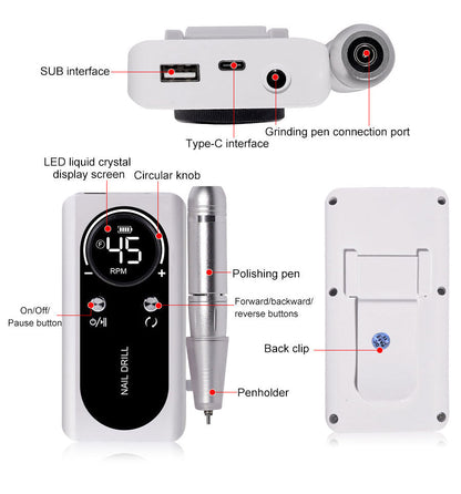 Electric Nail Grinder with 45000RPM Motor – Quiet Design for Easy Manicure