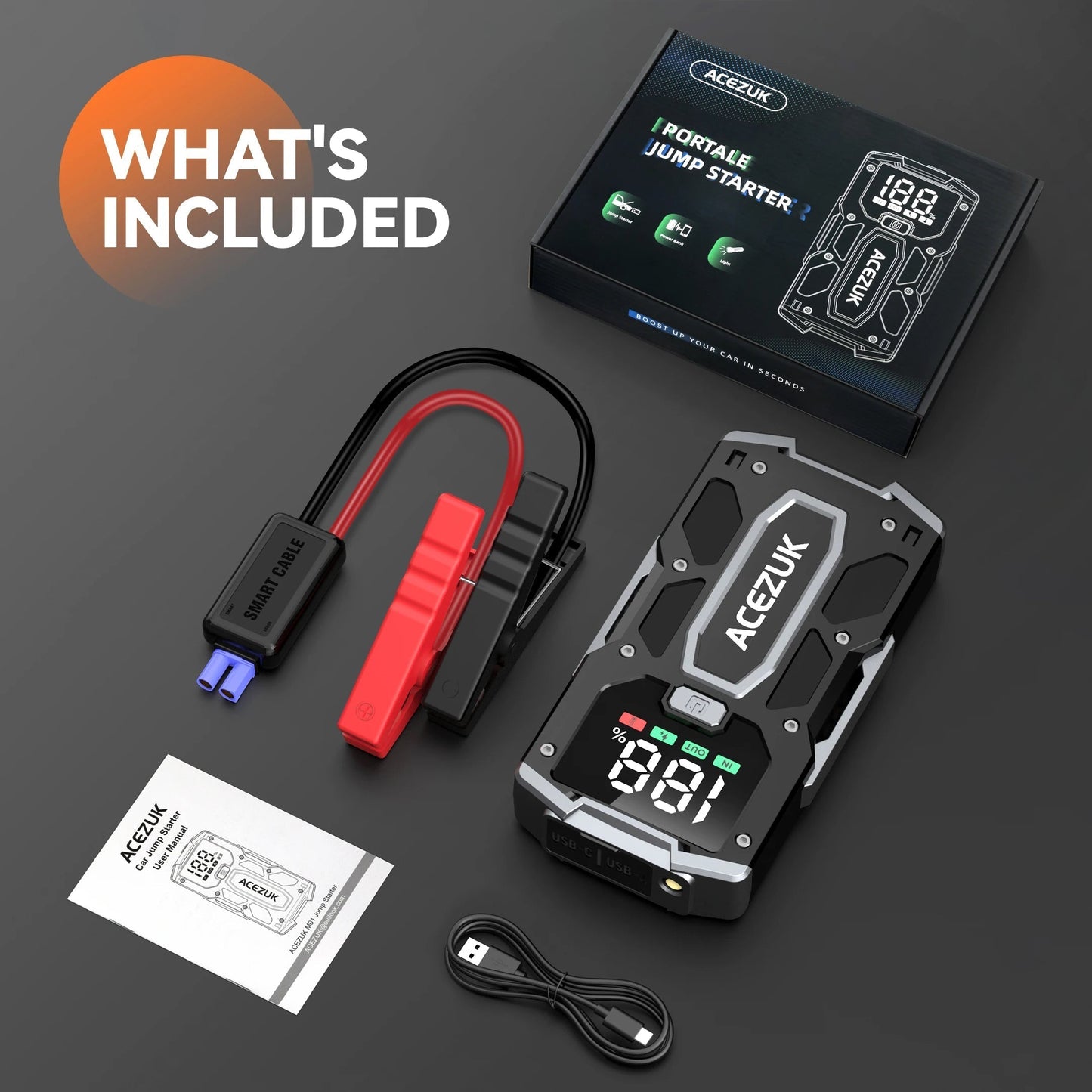 3000A Peak Current Portable Power Bank and Jump Starter with LED Screen