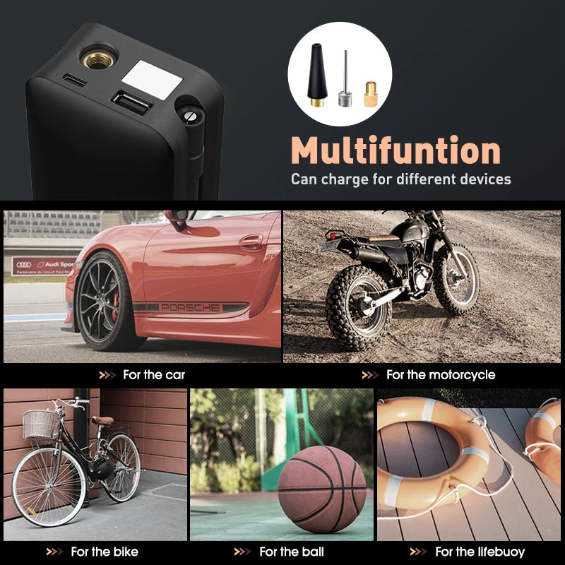 Rechargeable Air Compressor with LED Screen – Portable Tire Inflator for Cars, Bicycles & Sports Gear