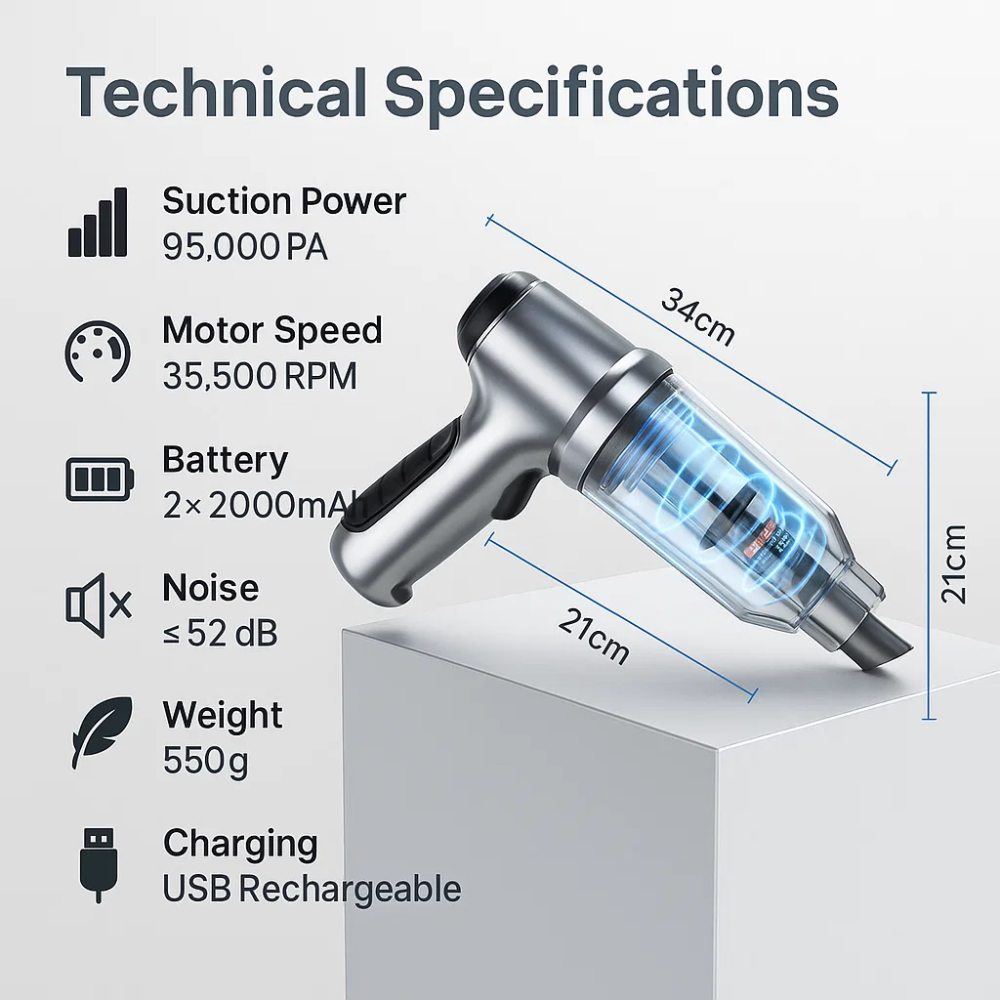 Cordless Car Vacuum with 95,000PA Suction Power | Compact for Easy Cleaning