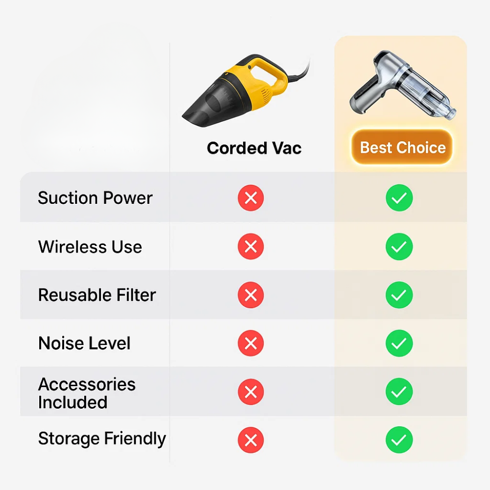 Cordless Car Vacuum with 95,000PA Suction Power | Compact for Easy Cleaning
