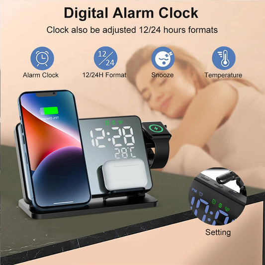 3-in-1 Wireless Charger with Fast Charging and Alarm Clock for Apple