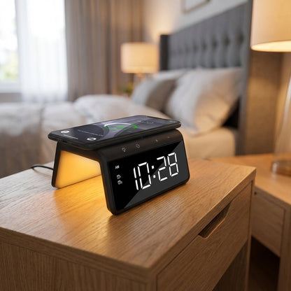 Wireless Charging Alarm Clock with Dual Alarms and Night Light