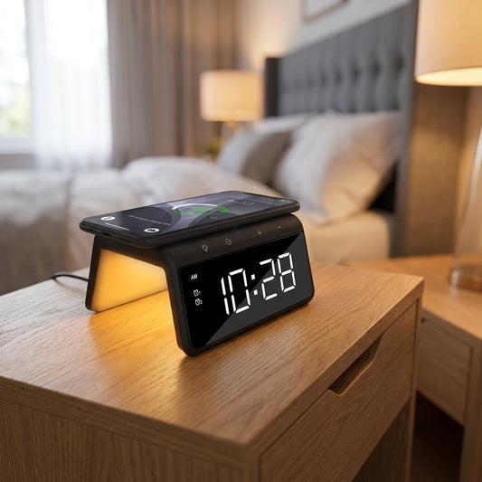 Wireless Charging Alarm Clock with Dual Alarms and Night Light