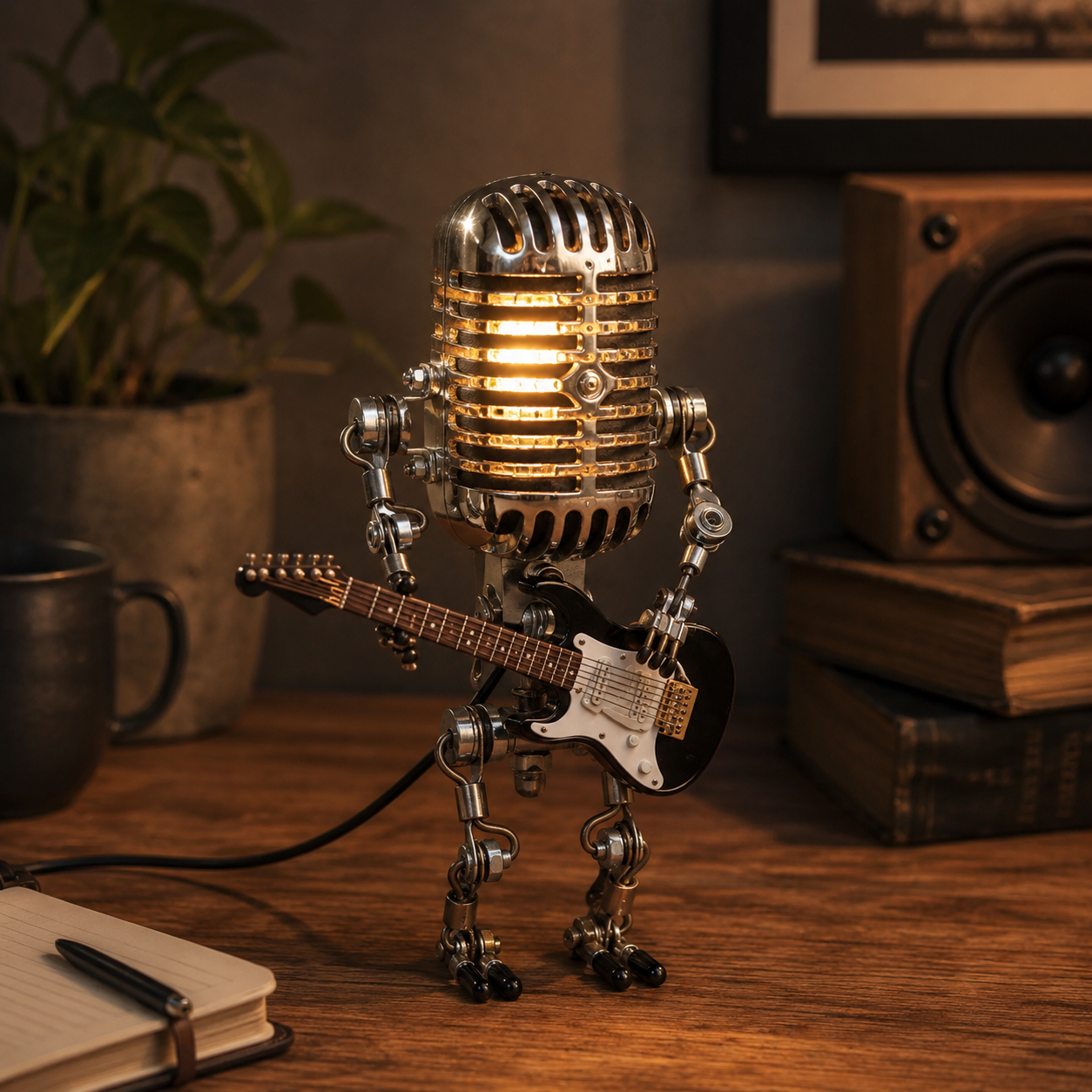 Retro Robot Lamp with Microphone and Guitar - Adjustable Desk Light for Music Room and Studio