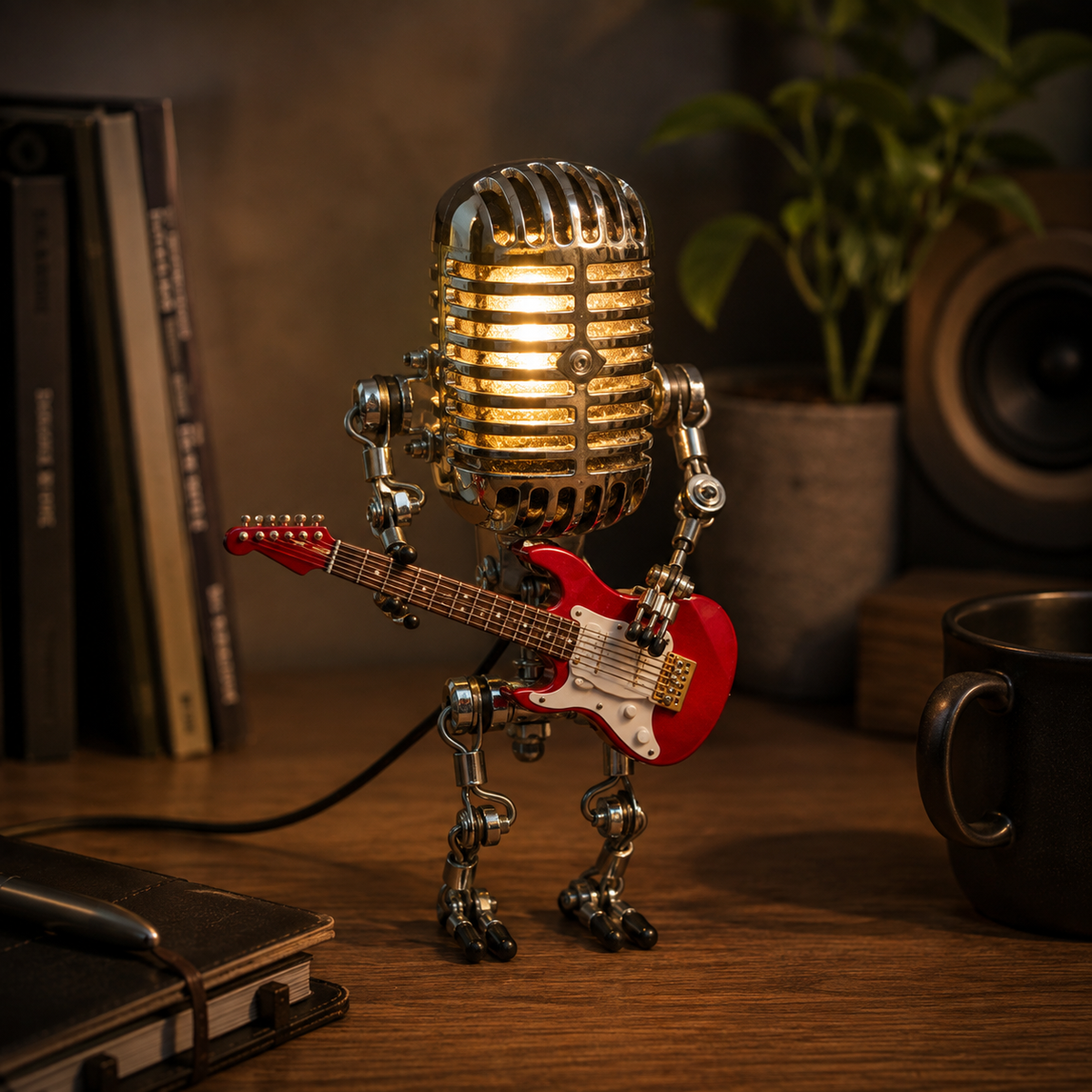 Retro Robot Lamp with Microphone and Guitar - Adjustable Desk Light for Music Room and Studio