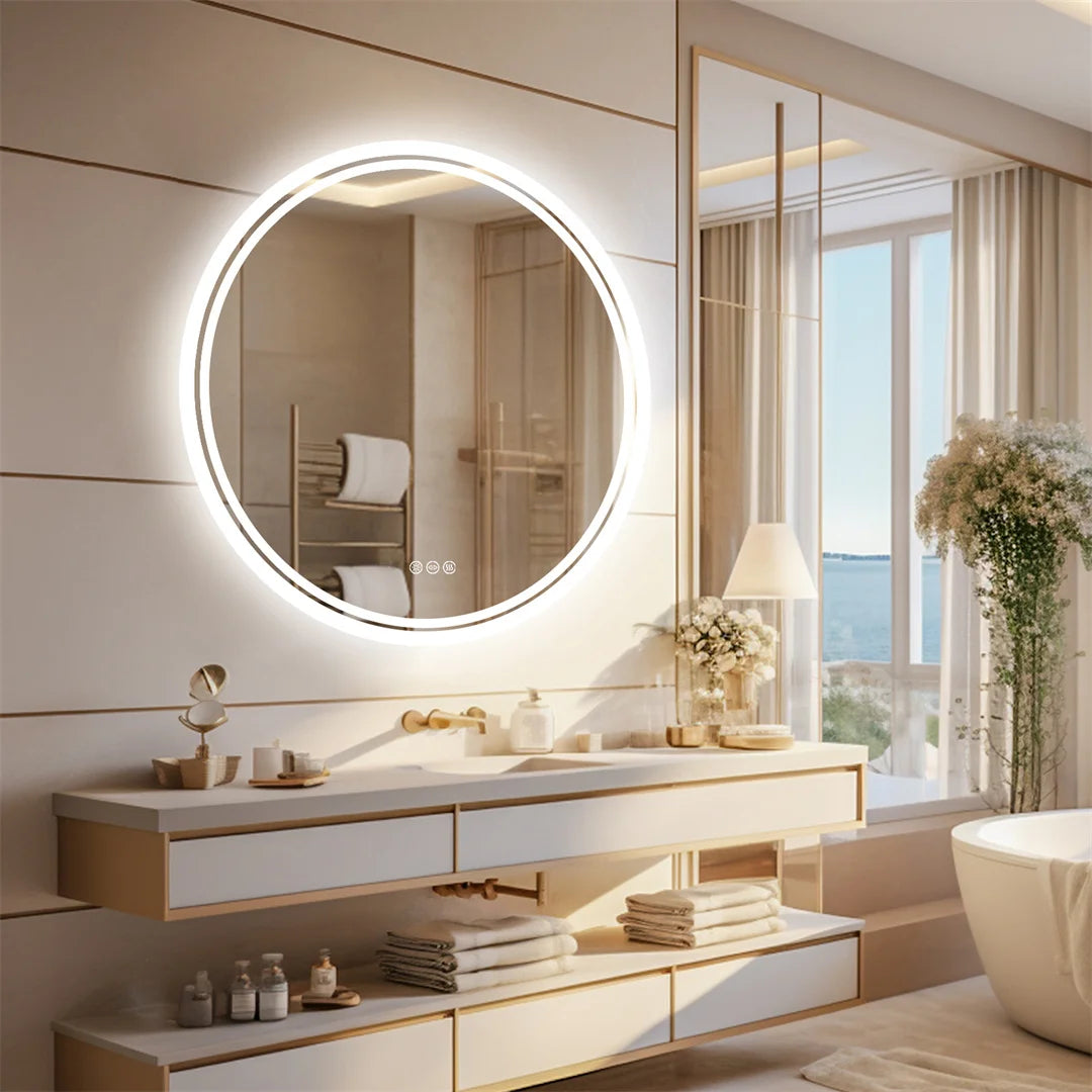Dimmable Touch-Control LED Bathroom Mirror with Anti-Fog | Modern Round Design