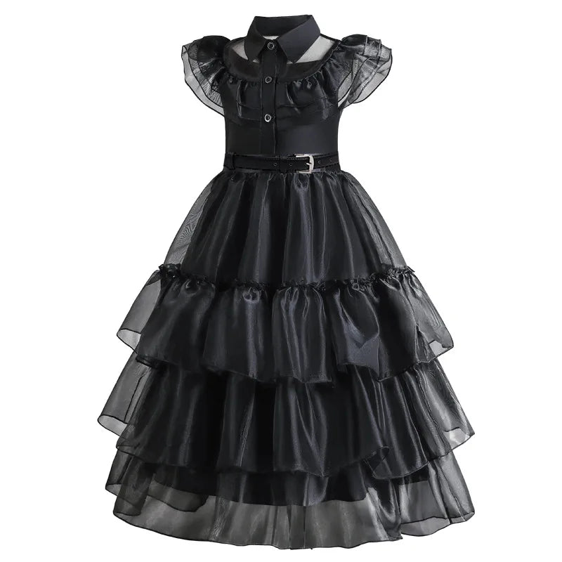 Enchanting Black Layered Princess Dress with Sheer Accents