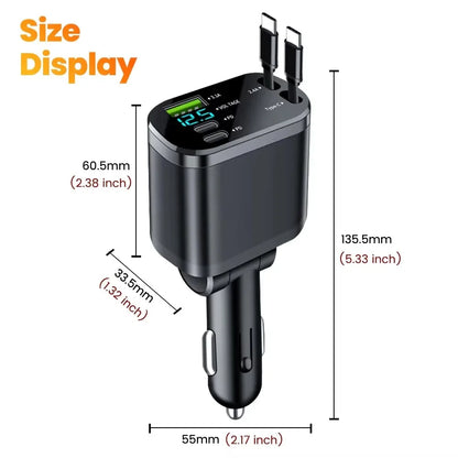 5-in-1 Car Charger Adapter with Retractable Design | 66W USB C Fast Charge & Voltage Display