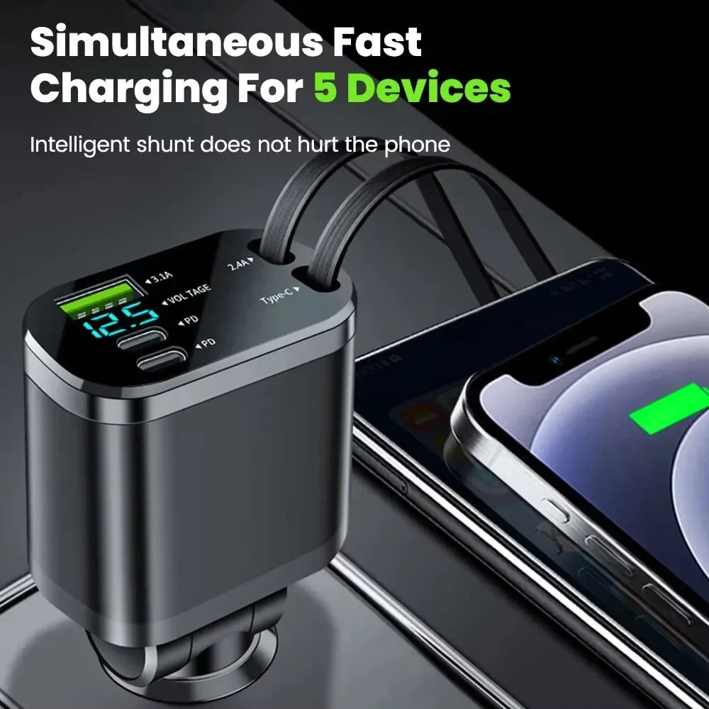 5-in-1 Car Charger Adapter with Retractable Design | 66W USB C Fast Charge & Voltage Display