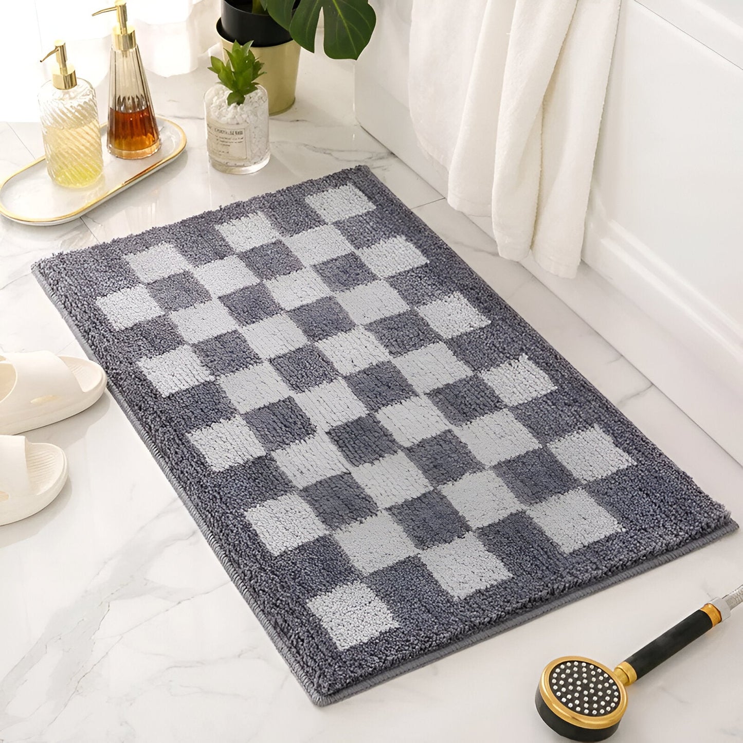 Stylish Microfiber Bath Mat with Monochrome Check Design