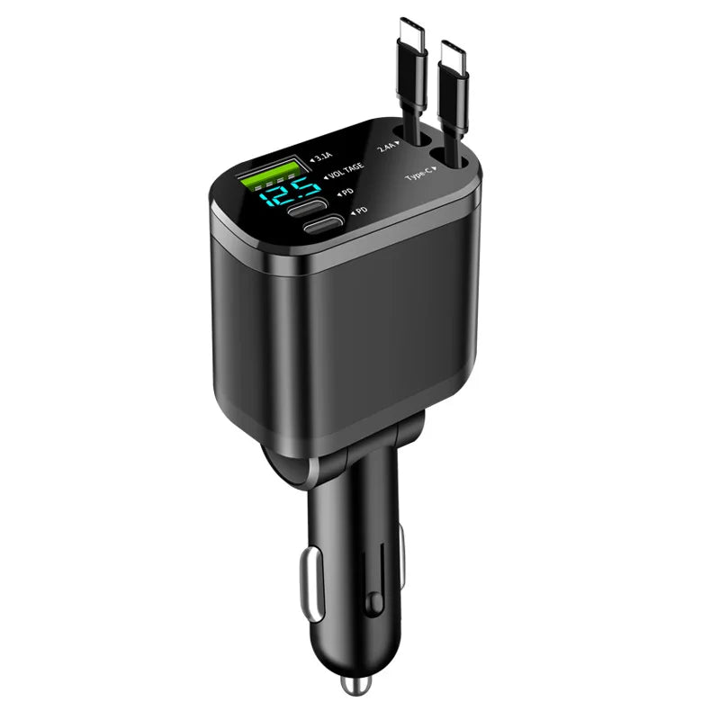 5-in-1 Car Charger Adapter with Retractable Design | 66W USB C Fast Charge & Voltage Display