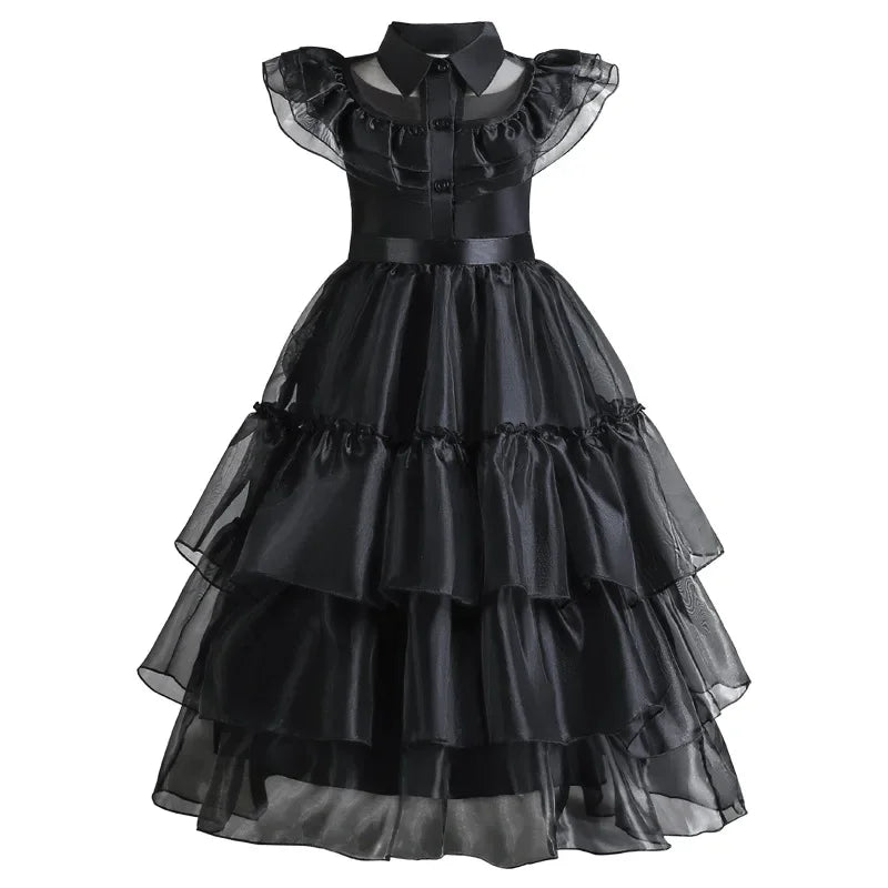 Enchanting Black Layered Princess Dress with Sheer Accents