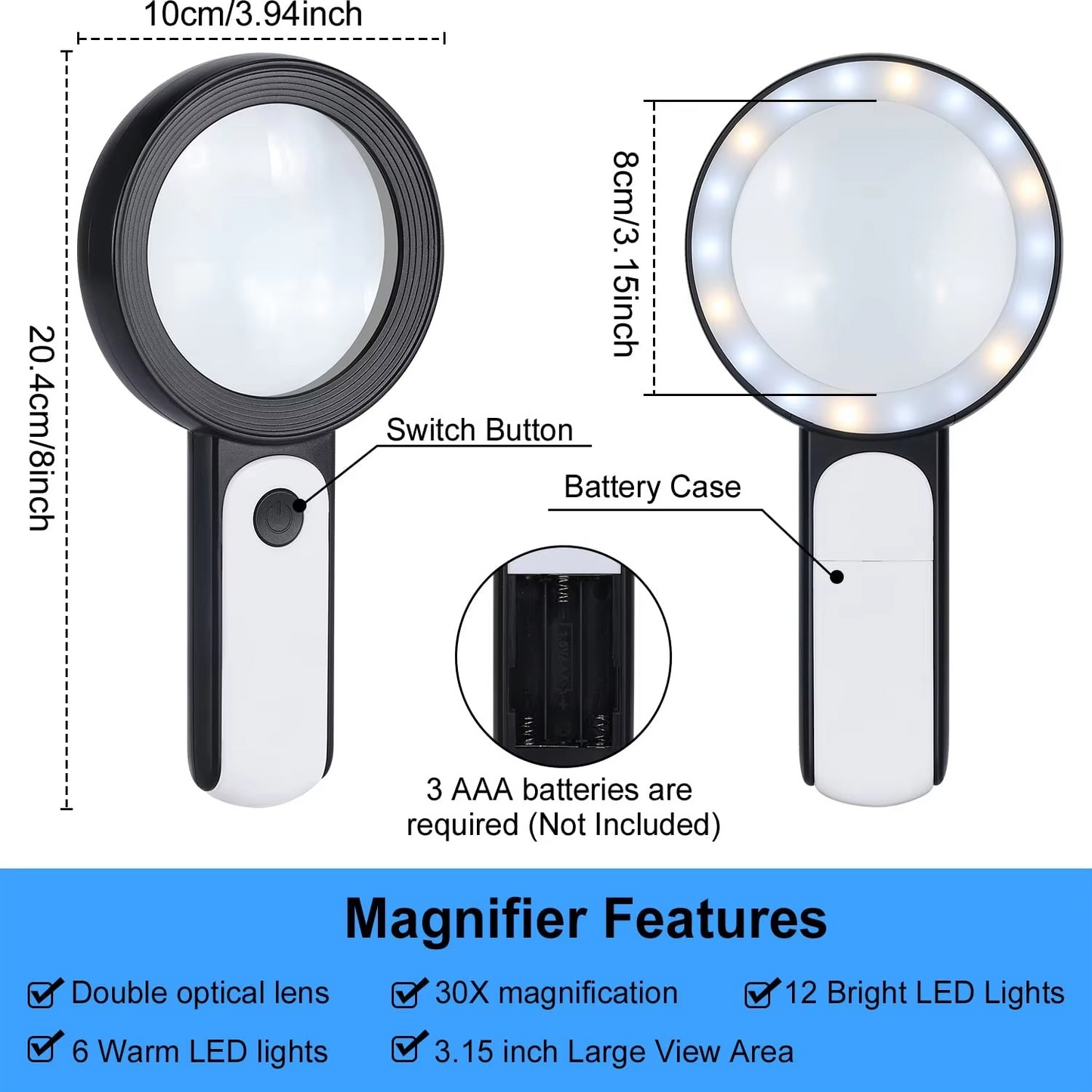 High-Powered 30x Handheld Magnifier with Bright LED Lights