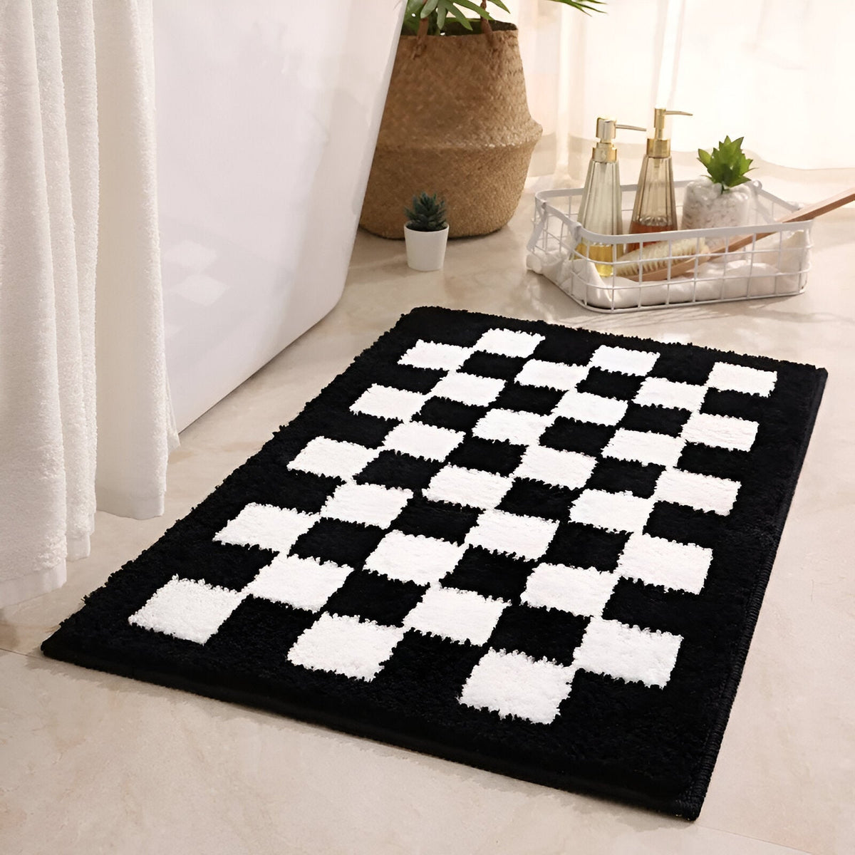 Stylish Microfiber Bath Mat with Monochrome Check Design
