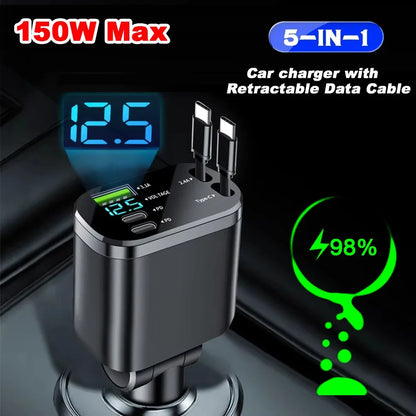 5-in-1 Car Charger Adapter with Retractable Design | 66W USB C Fast Charge & Voltage Display