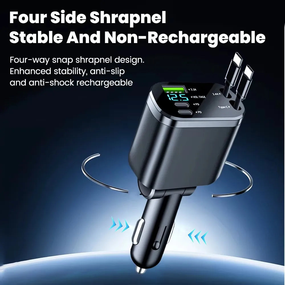 5-in-1 Car Charger Adapter with Retractable Design | 66W USB C Fast Charge & Voltage Display