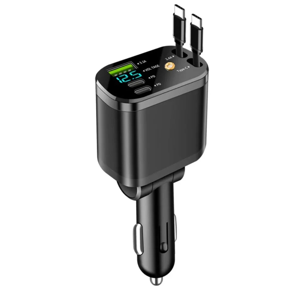 5-in-1 Car Charger Adapter with Retractable Design | 66W USB C Fast Charge & Voltage Display
